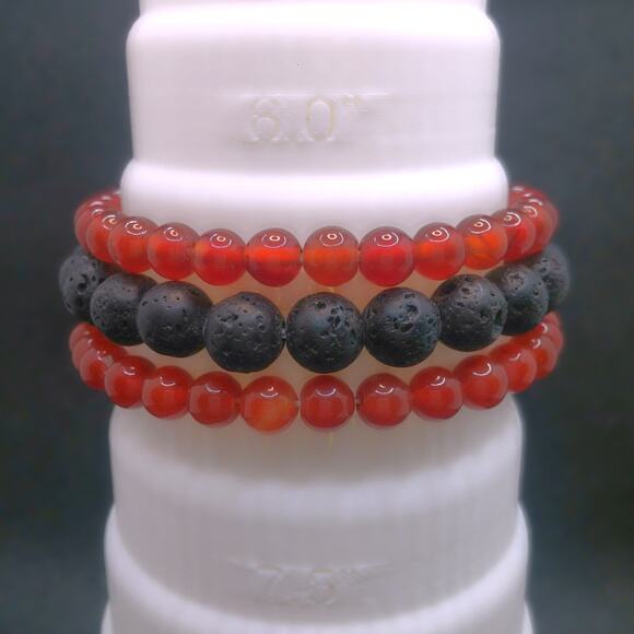 Artisan Carnelian Beaded Bracelet Trio Gemstone Stretch Lava Stones Diffuser NEW - Picture 4 of 13
